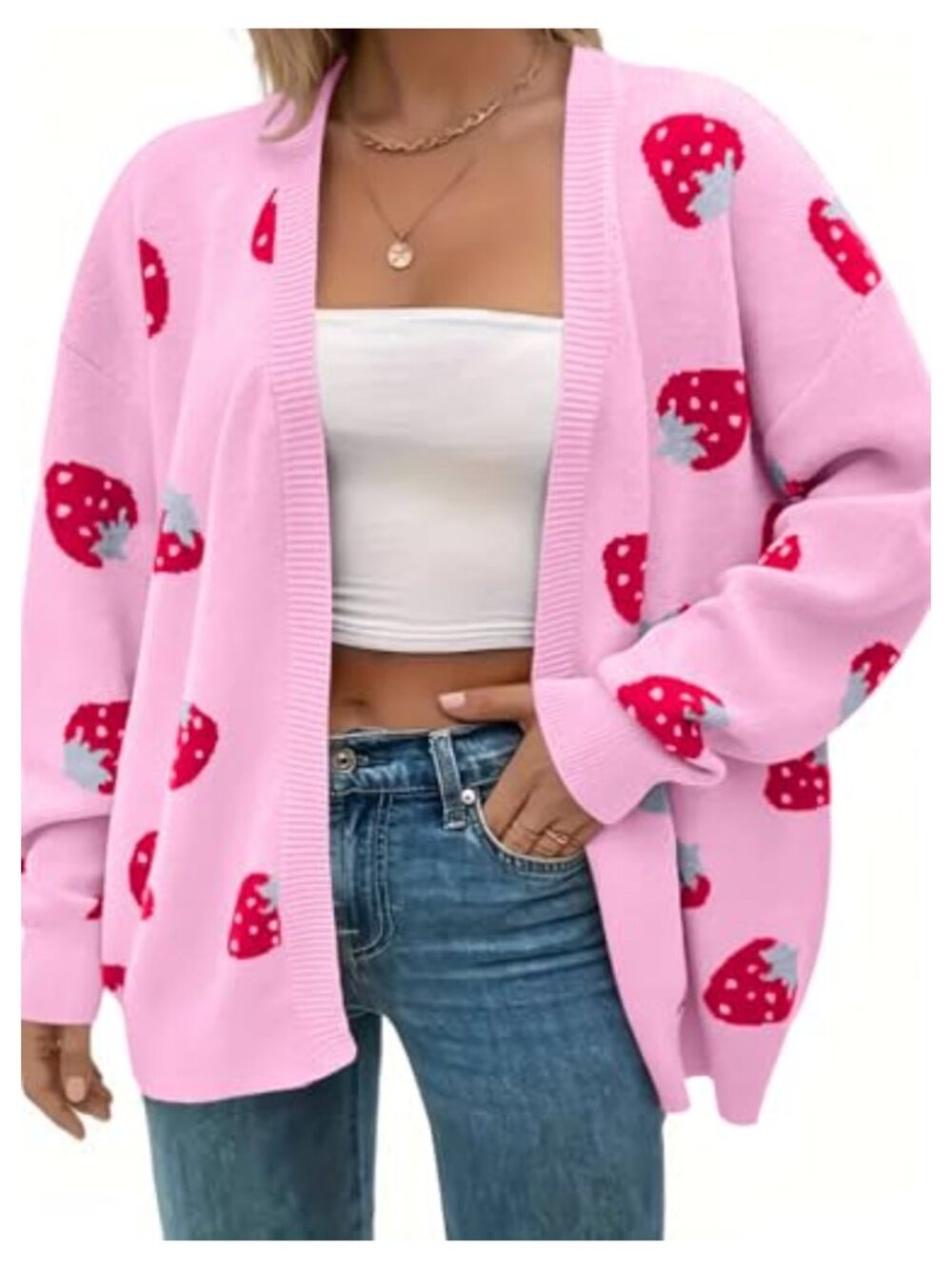 Plus Size Strawberry Floral Print Open Front Knit Cardigan Sweater